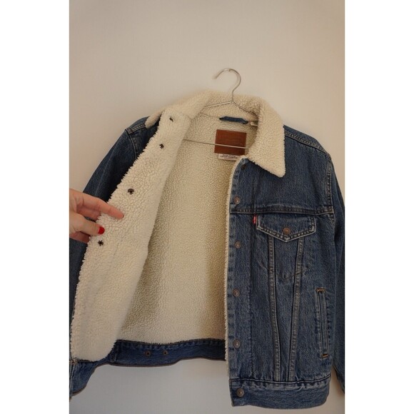 WOMEN'S LEVI'S EX-BOYFRIEND TRUCKER JEAN JACKET Sherpa Premium Snap Small - Picture 4 of 7